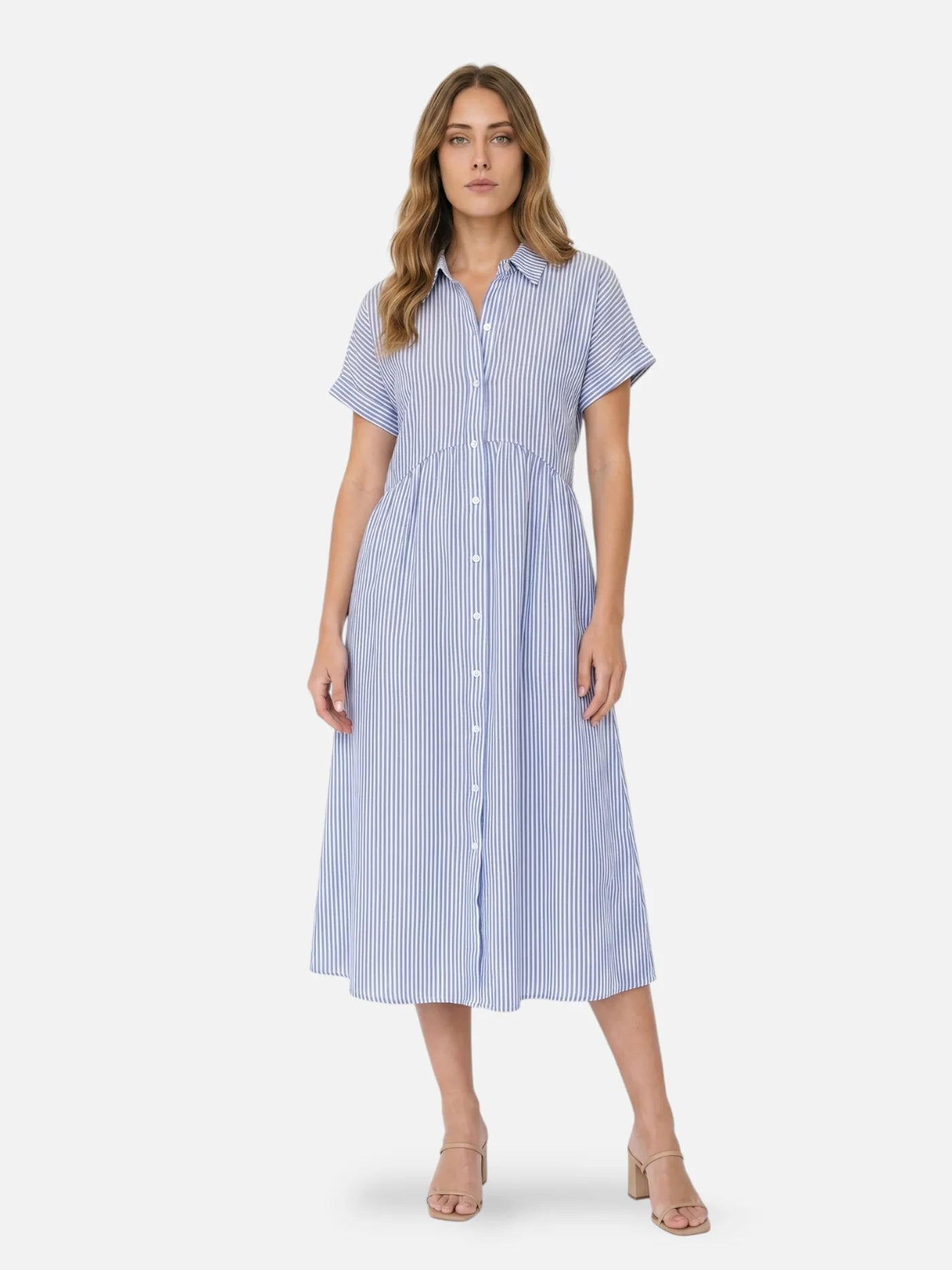 Women's Striped Midi Shirt Dress with Collar and Flared Skirt
