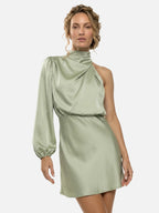 Women's Satin One-Shoulder Mini Dress with Draped Mock Neck
