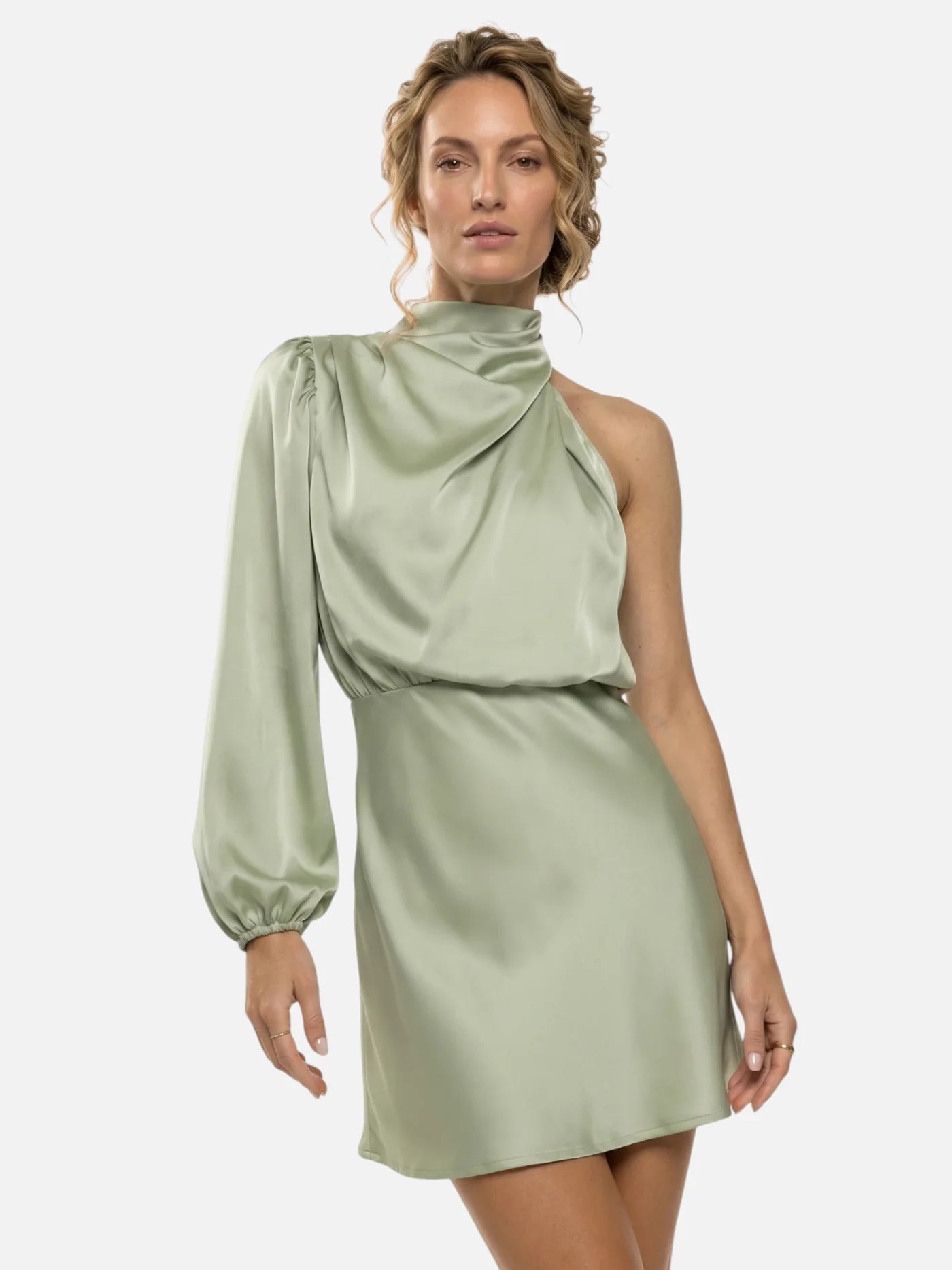 Women's Satin One-Shoulder Mini Dress with Draped Mock Neck