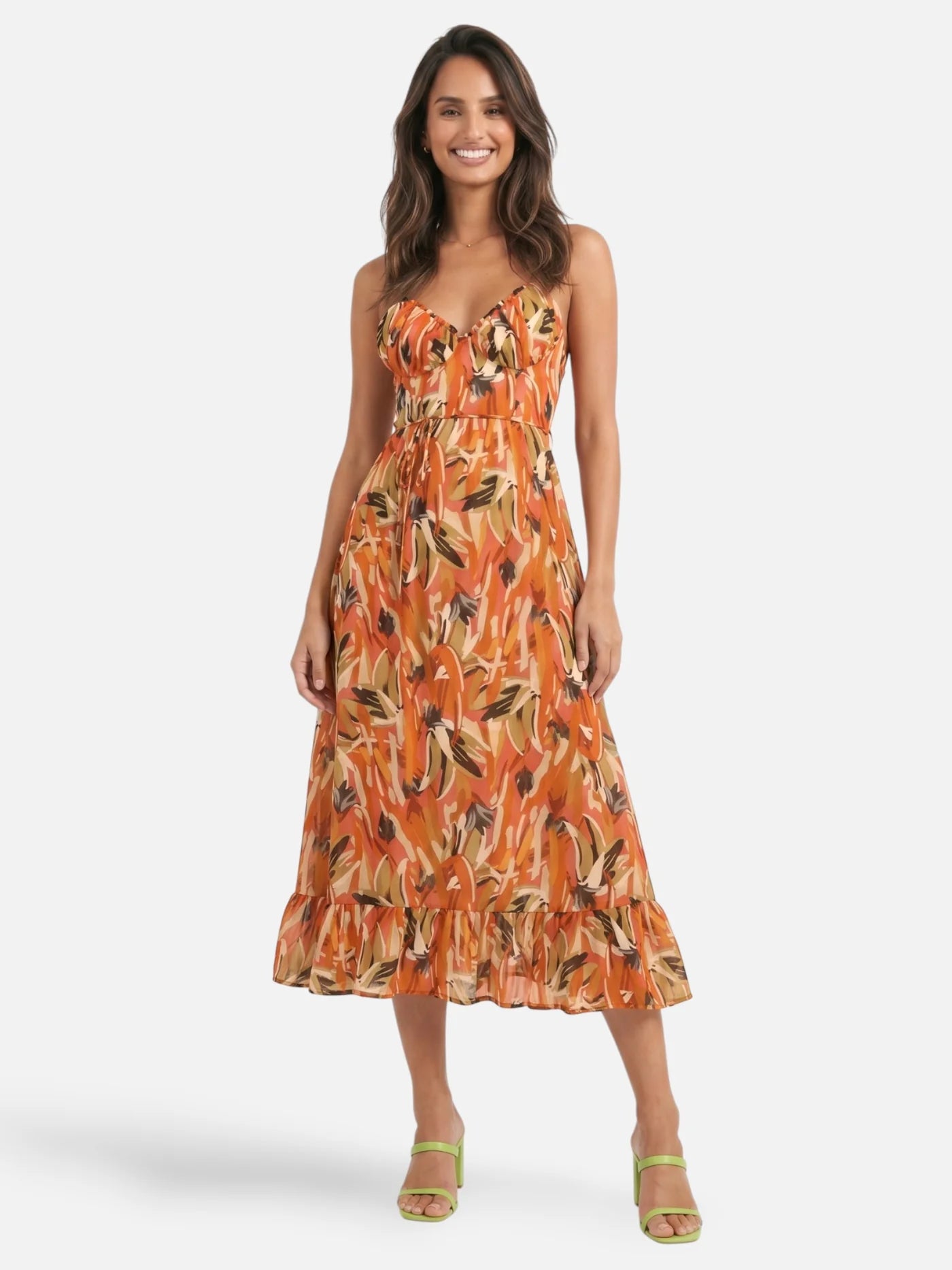 Women's Flowy Midi Dress with Abstract Print and Spaghetti Straps
