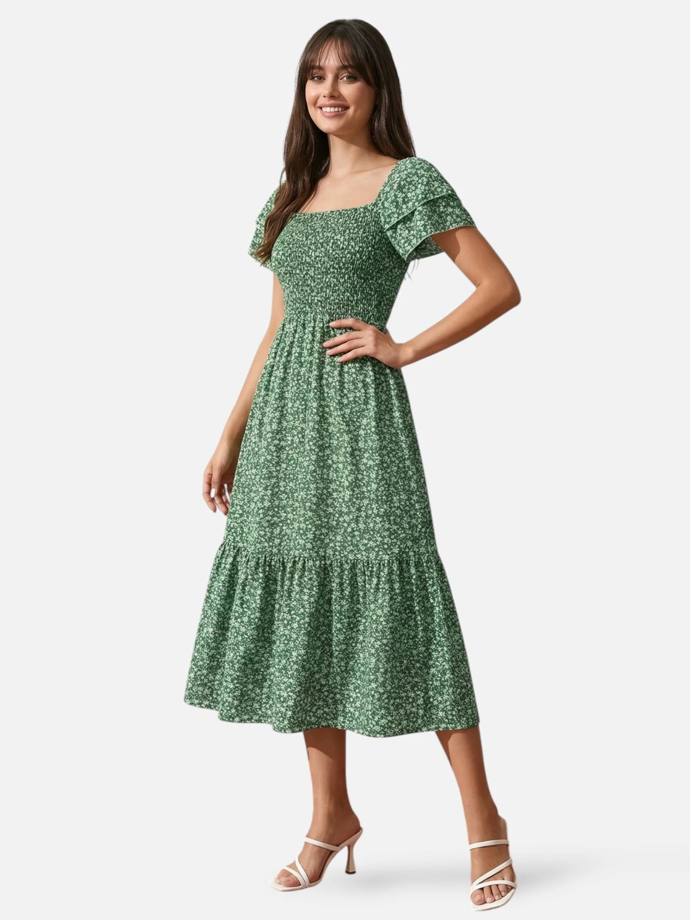 Women’s Floral Midi Dress with Smocked Waist and Ruffle Sleeves