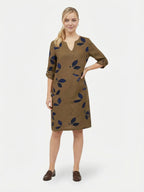 Women’s V Neck Mini Dress with Leaf Print and Rolled Short Sleeves