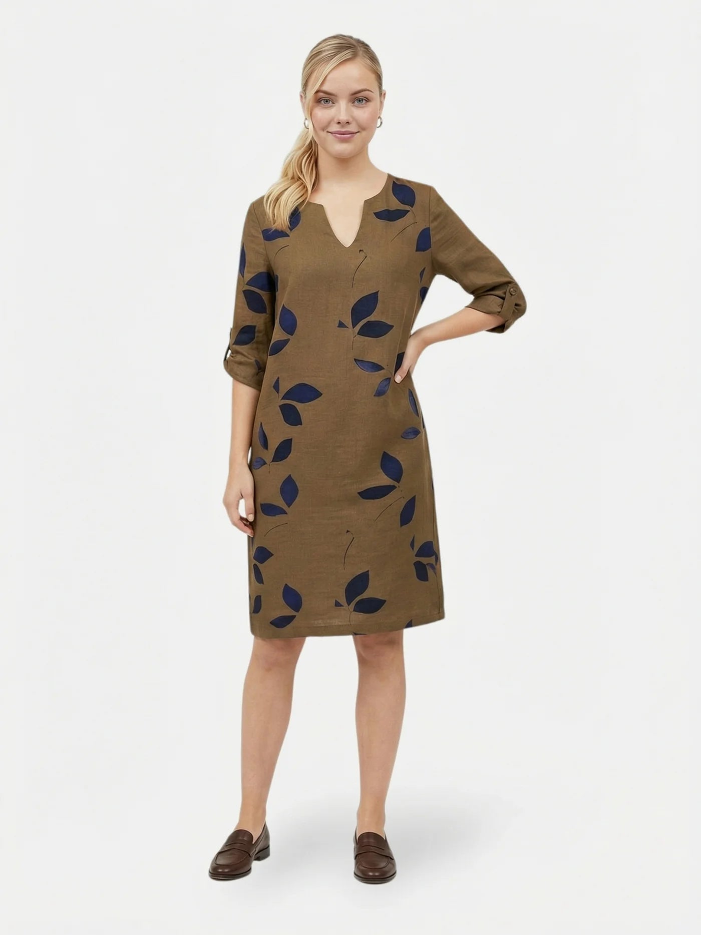 Women’s V Neck Mini Dress with Leaf Print and Rolled Short Sleeves
