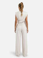 Women’s Two-Piece Set with Asymmetrical Draped Top and Wide-Leg Pants