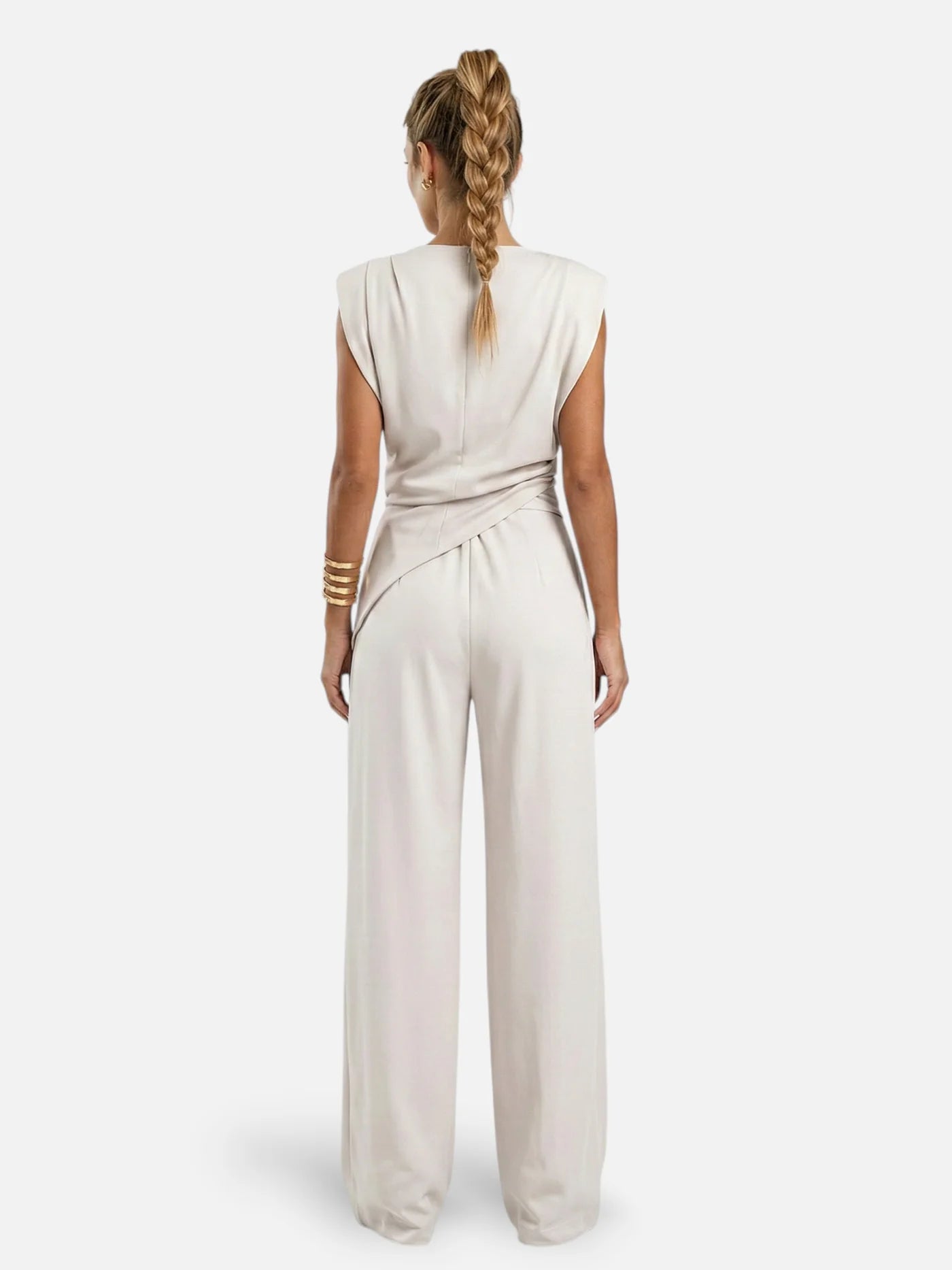 Women’s Two-Piece Set with Asymmetrical Draped Top and Wide-Leg Pants