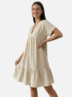 Women’s Flowy Mini Dress with V Neck Short Sleeves and Textured Fabric
