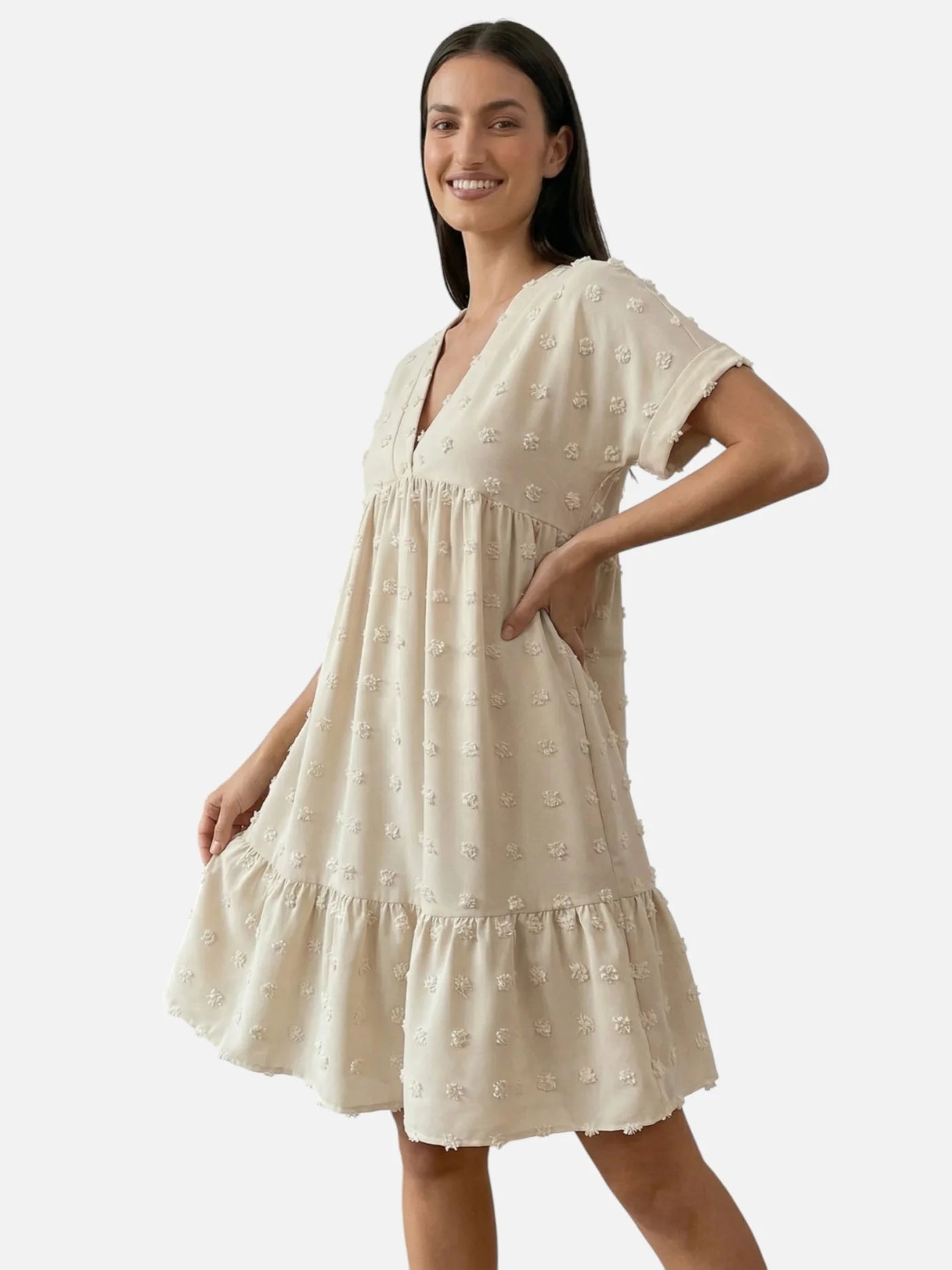 Women’s Flowy Mini Dress with V Neck Short Sleeves and Textured Fabric