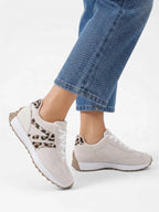 Women's Beige Sneakers with Leopard Print Accents