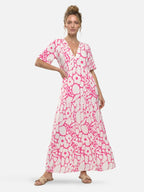 Women's Floral Maxi Dress with V-Neck and Tiered Ruffle Skirt