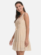 Women's Boho Mini Dress with Crochet Yoke and Tassel Trim