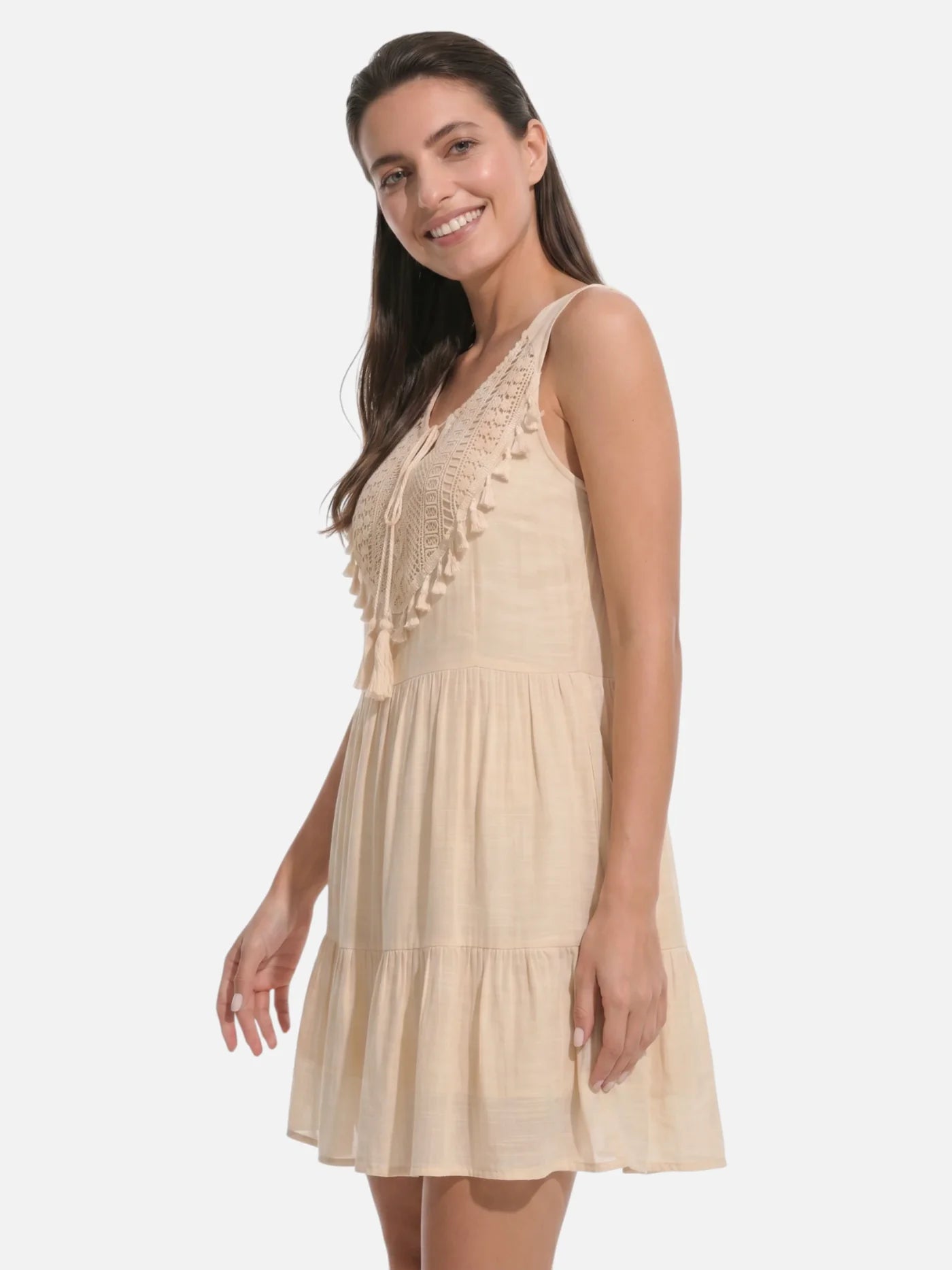 Women's Boho Mini Dress with Crochet Yoke and Tassel Trim