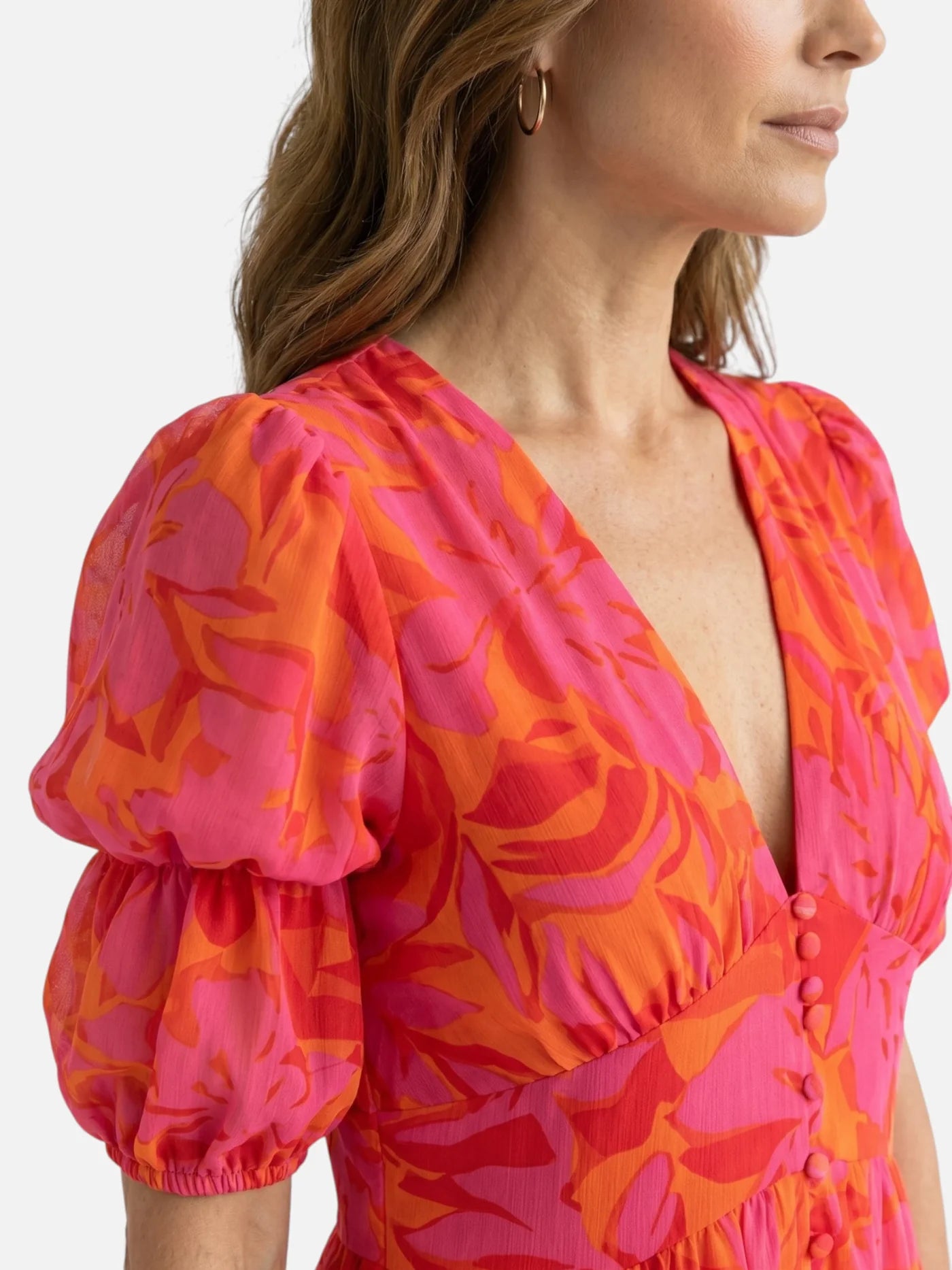 Women's Floral Maxi Dress with Deep V-Neck and Puff Sleeves