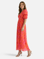 Women's Floral Maxi Dress with Deep V-Neck and Puff Sleeves