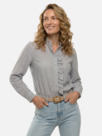 Women's Textured Striped Blouse with Ruffle Details