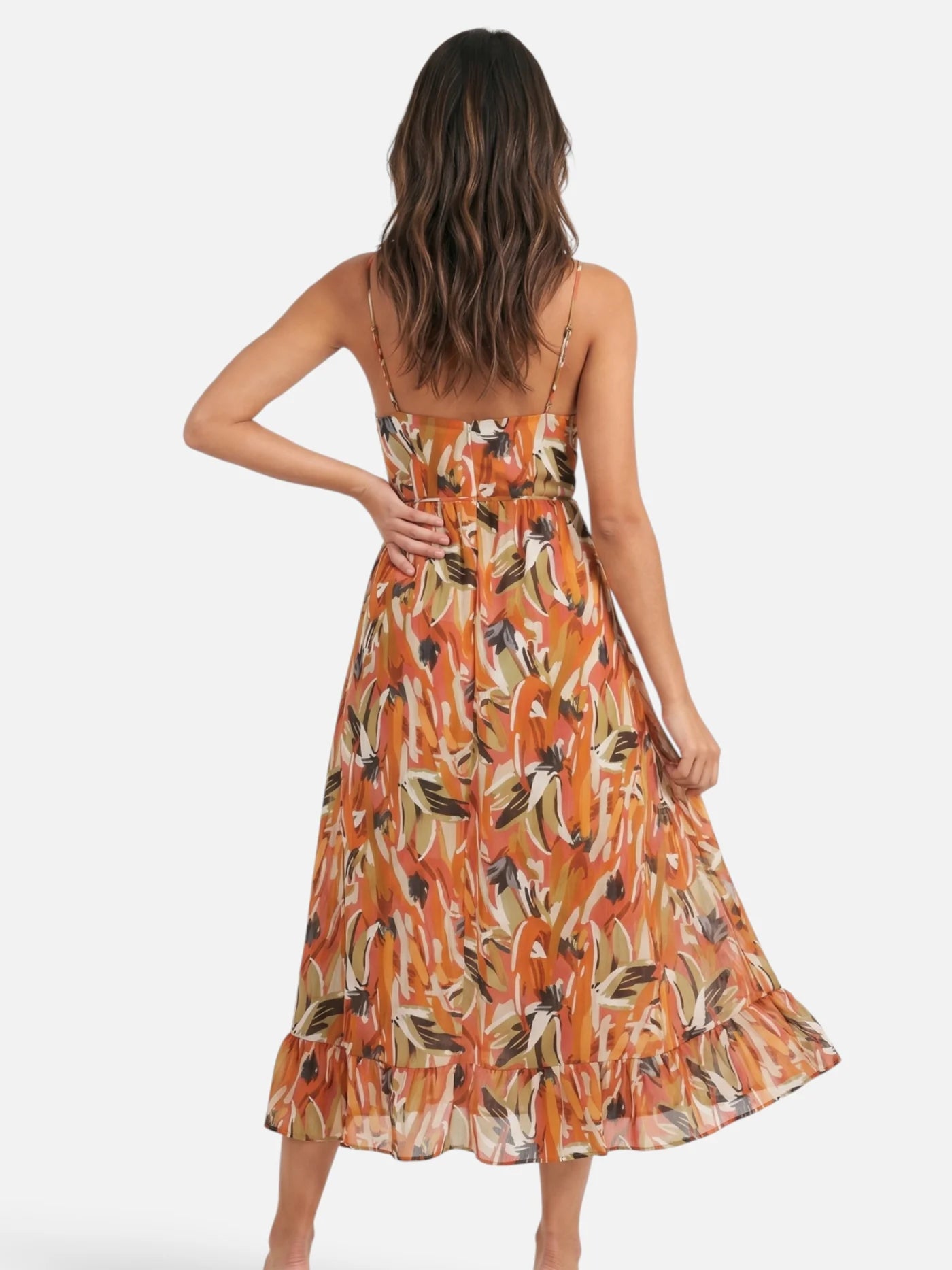 Women's Flowy Midi Dress with Abstract Print and Spaghetti Straps