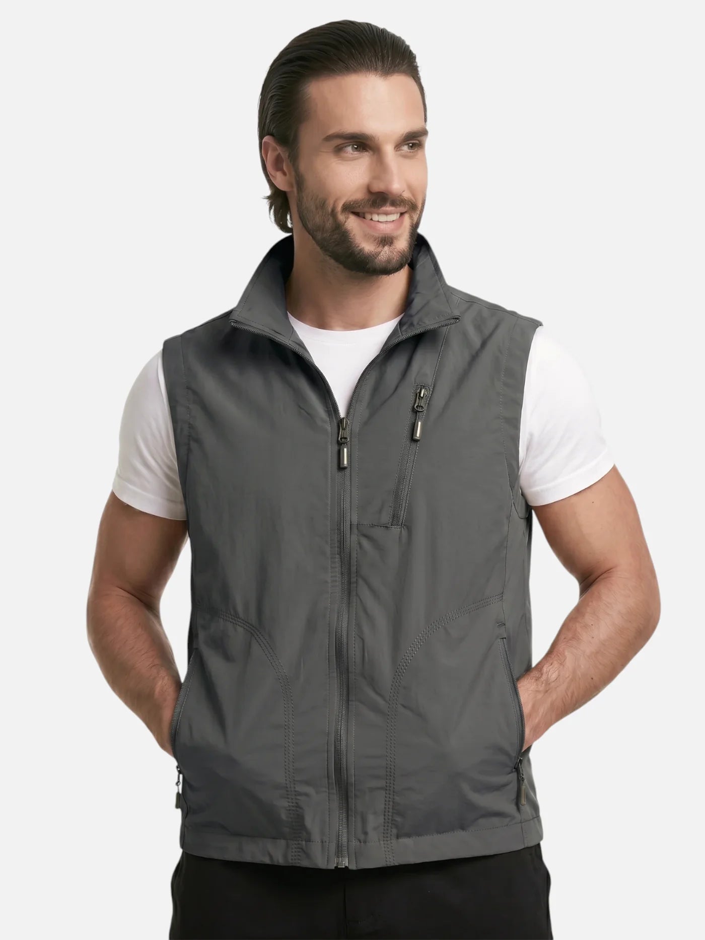 Men's Multi-Pocket Vest with Stand Collar
