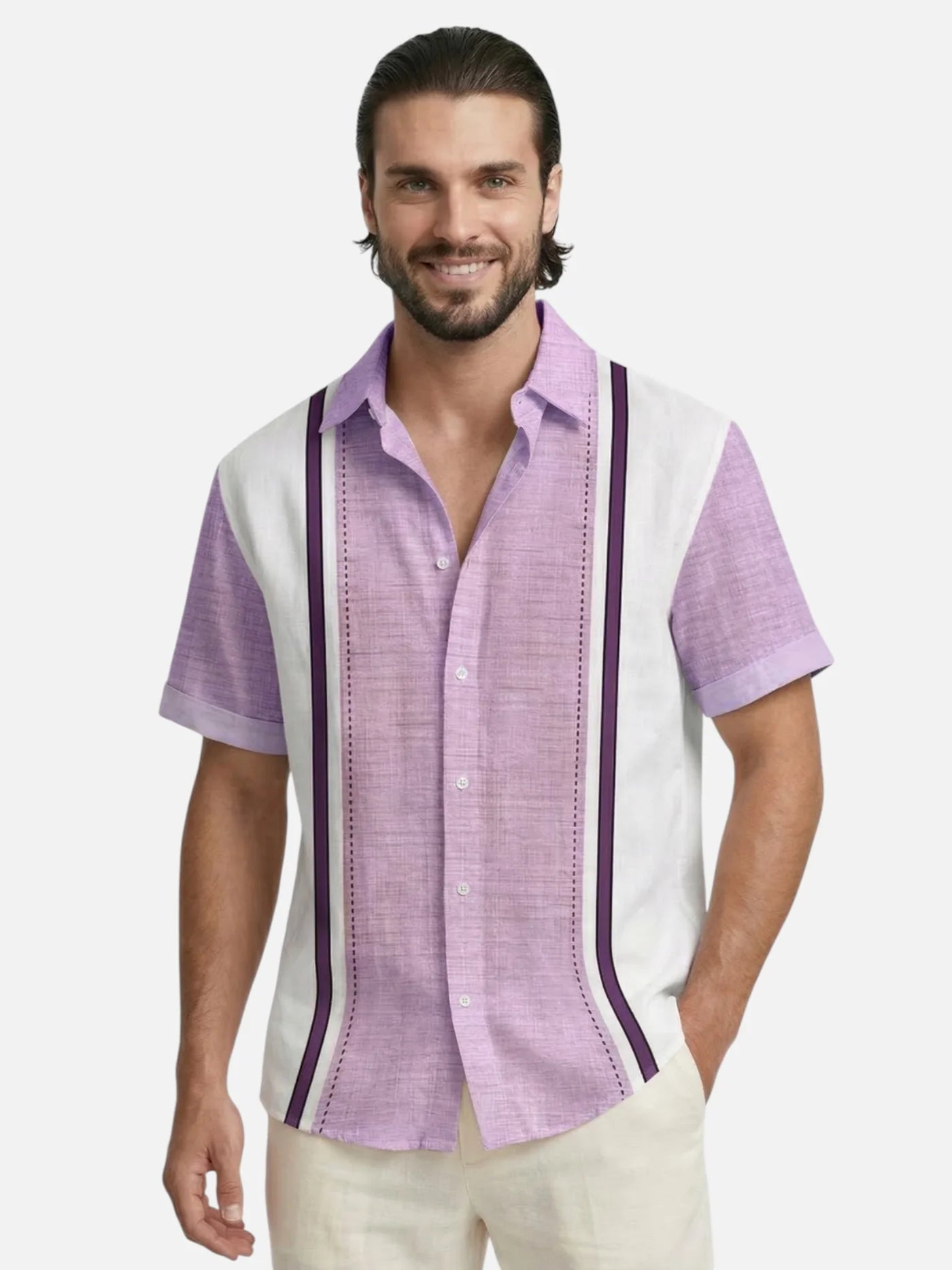 Men’s Short Sleeve Summer Button-Up Shirt with Vertical Stripes