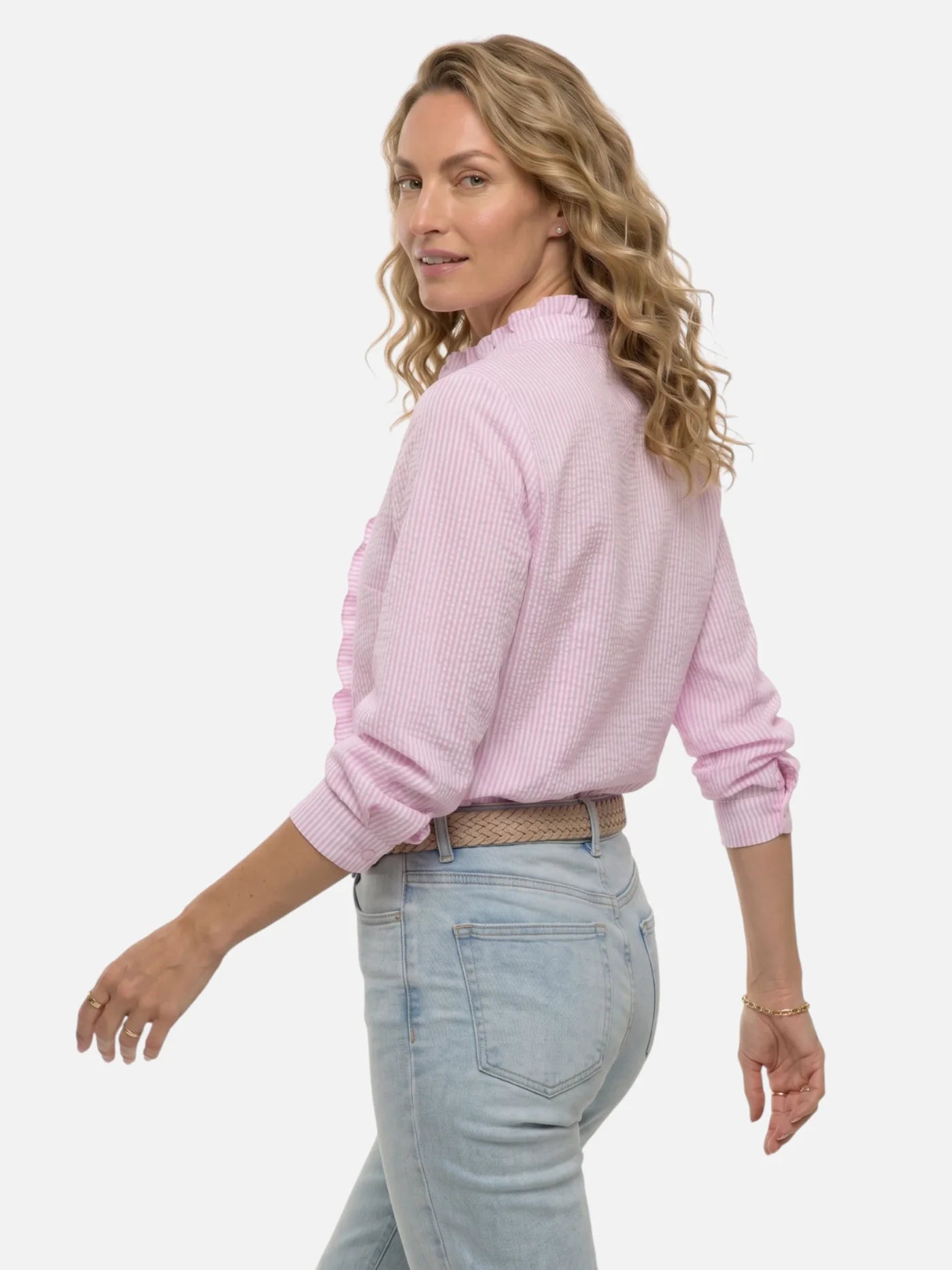 Women's Textured Striped Blouse with Ruffle Details