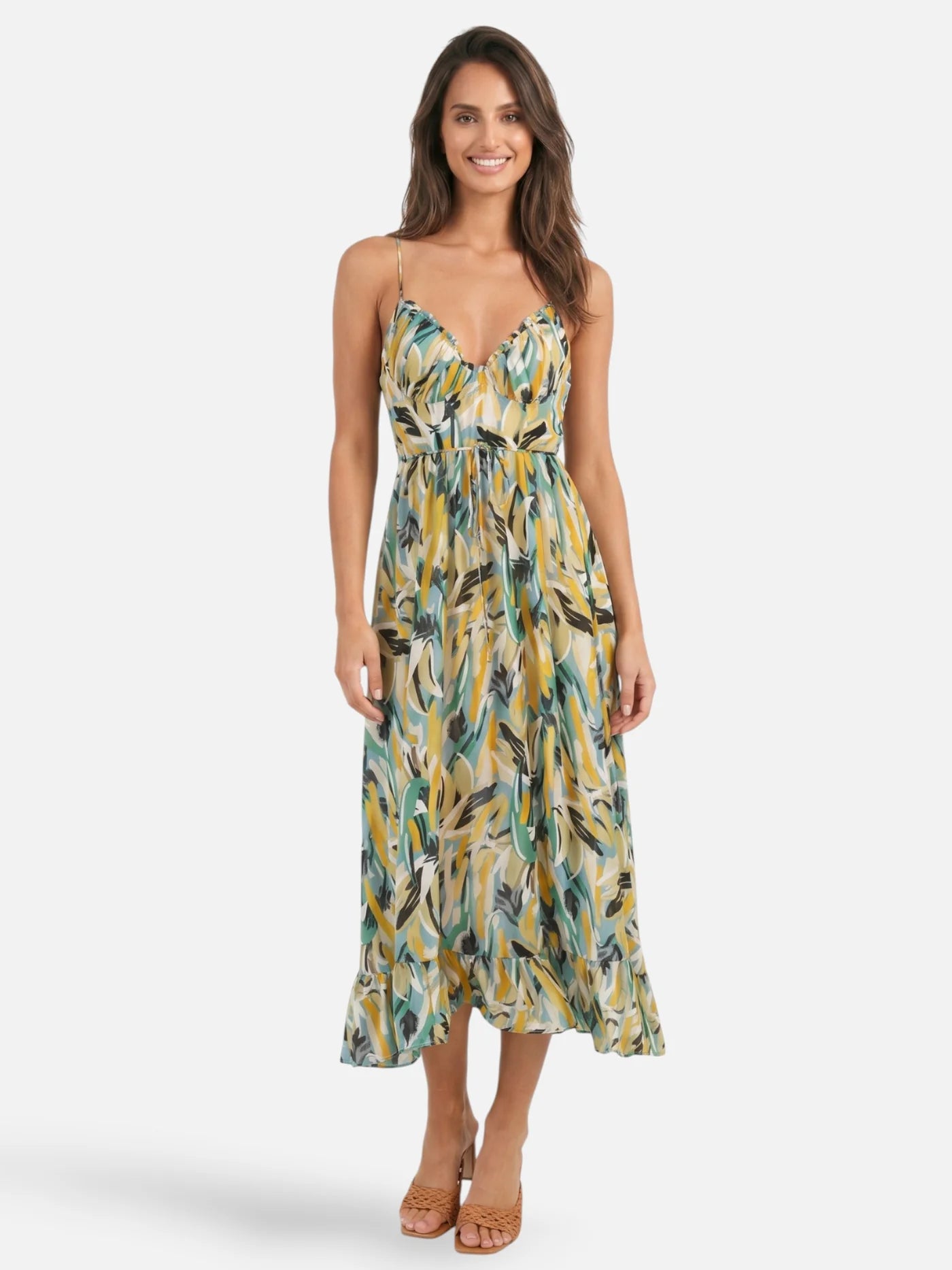 Women's Flowy Midi Dress with Abstract Print and Spaghetti Straps