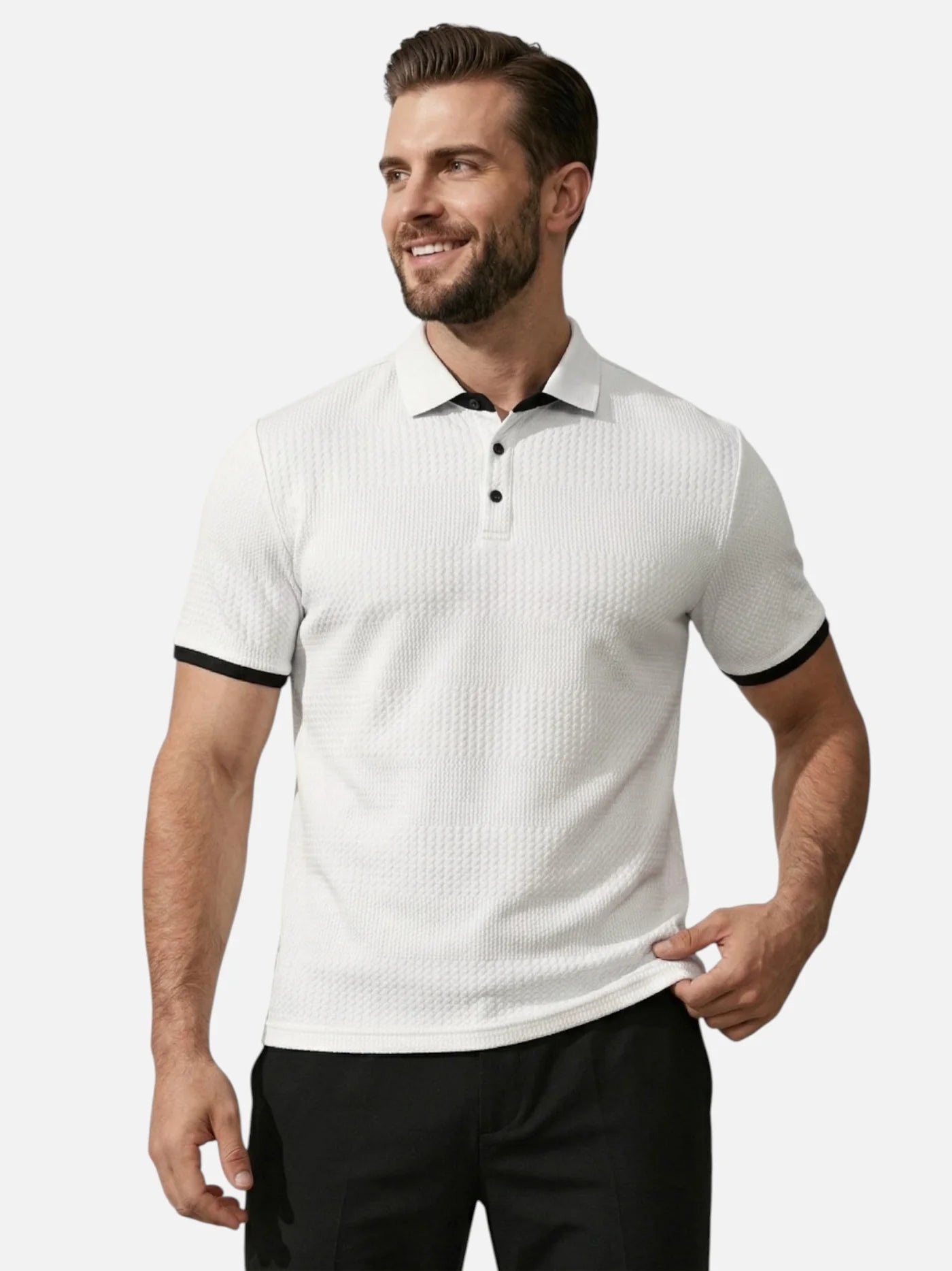 Men’s Textured Polo Shirt with Contrast Trim – Modern Fit Short Sleeve Polo