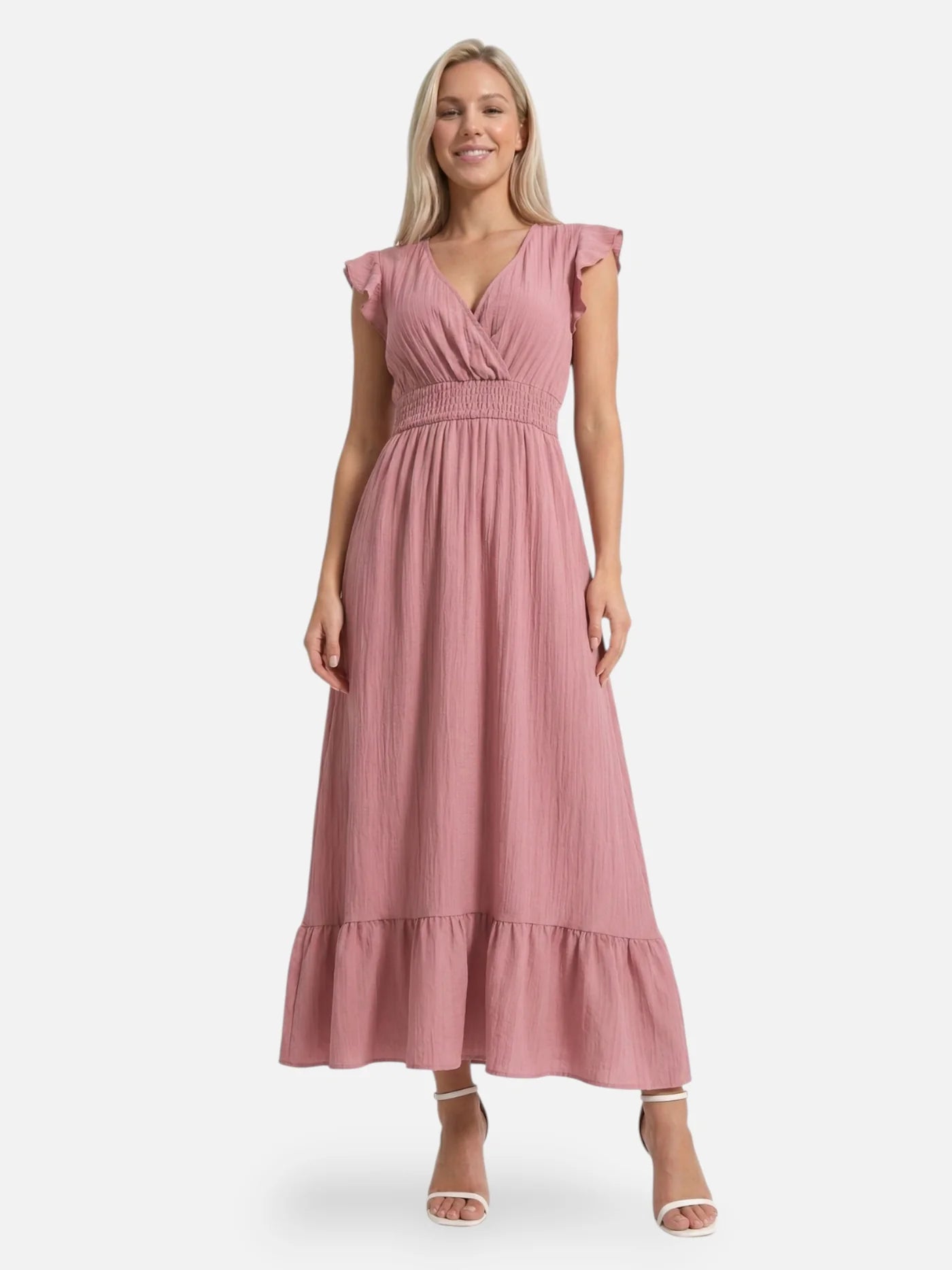 Women’s Flowy Maxi Dress with V Neck Ruffle Sleeves and Smocked Waist