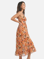 Women's Flowy Midi Dress with Abstract Print and Spaghetti Straps
