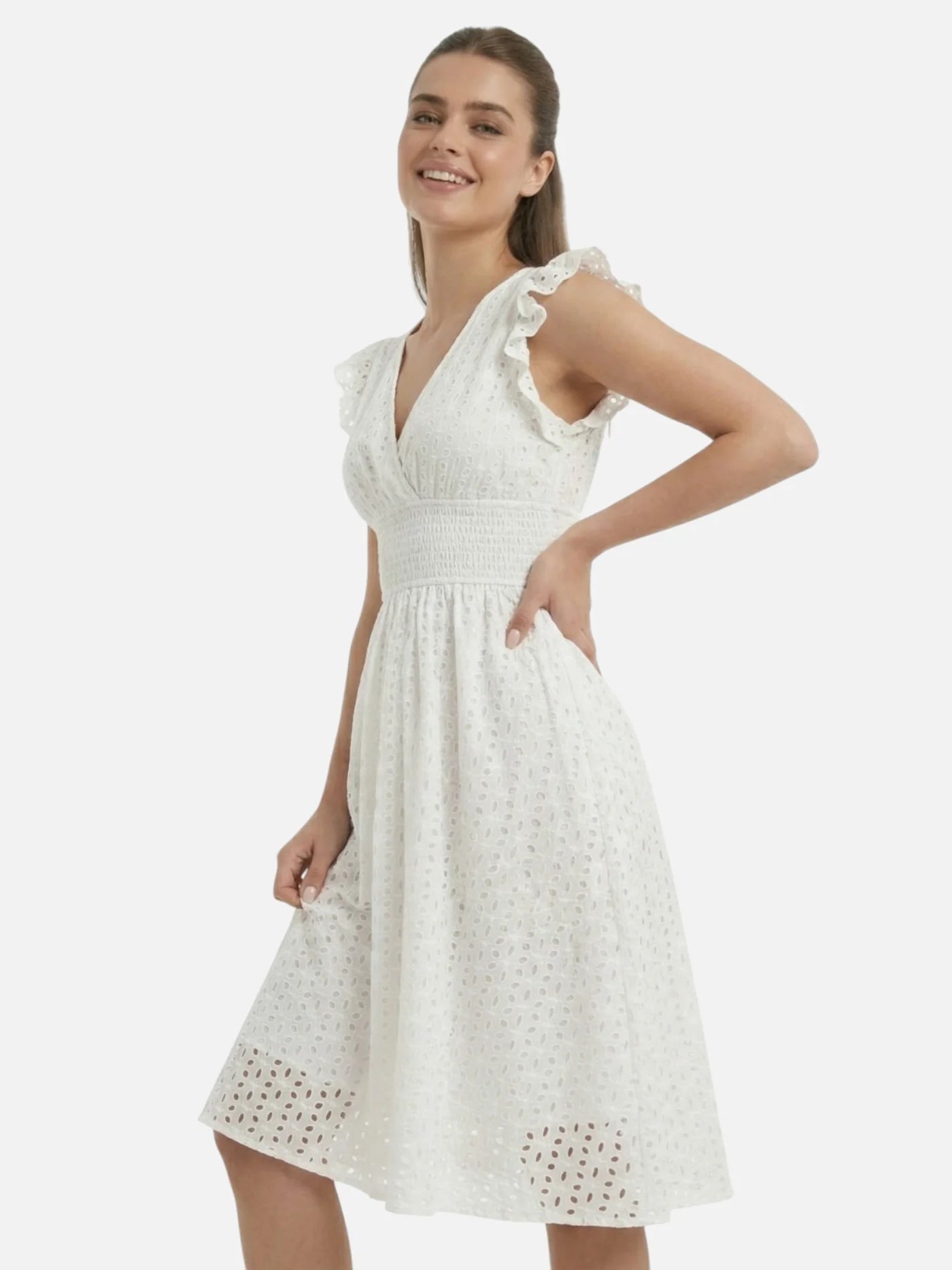 Women’s Broderie Midi Dress with V Neck Ruffle Sleeves and Smocked Waist