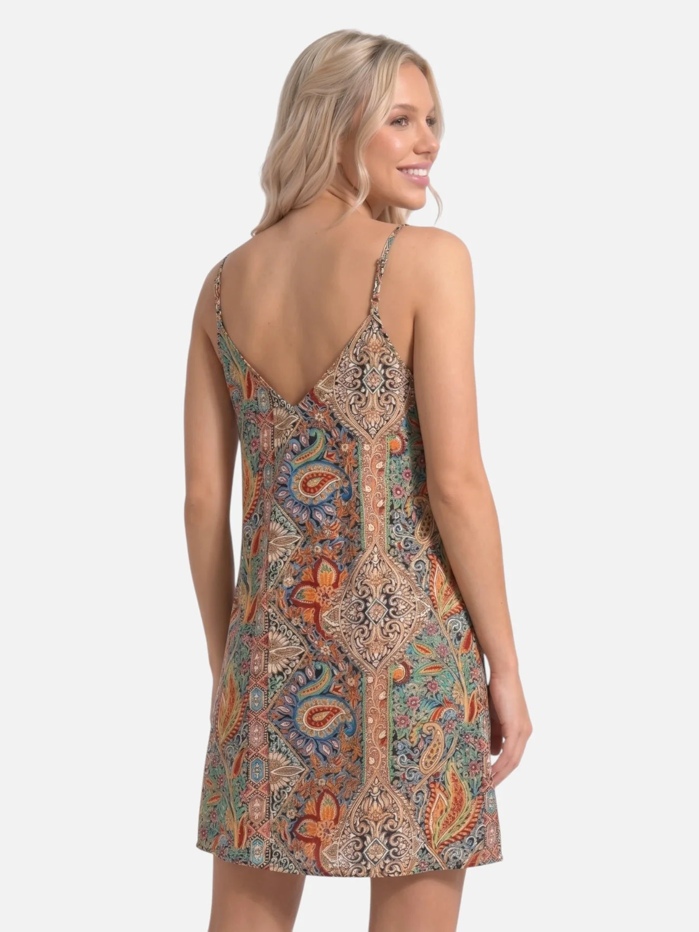 Women's Paisley Print Boho Mini Dress with Spaghetti Straps