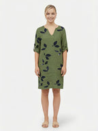 Women’s V Neck Mini Dress with Leaf Print and Rolled Short Sleeves