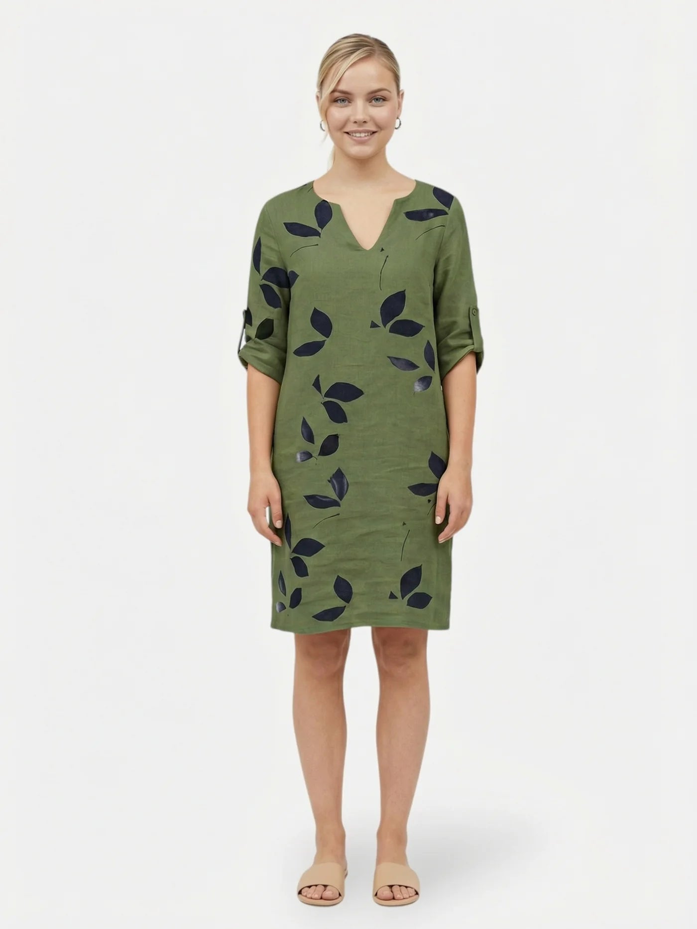Women’s V Neck Mini Dress with Leaf Print and Rolled Short Sleeves
