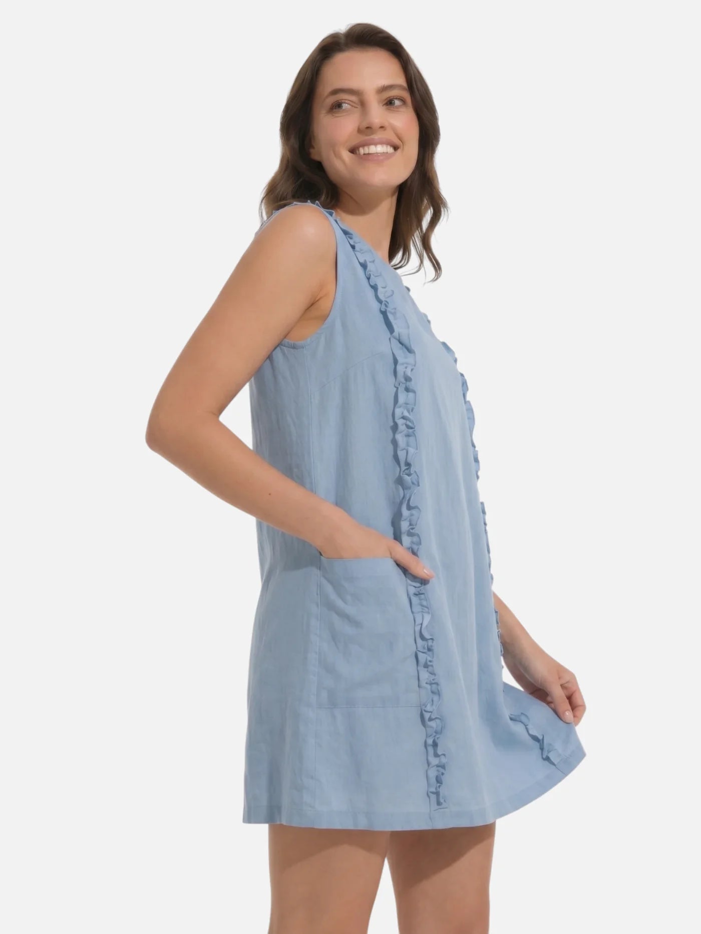 Women's Sleeveless Dress with Vertical Ruffle Trim and Pockets
