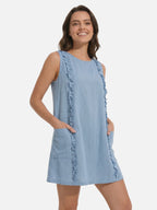 Women's Sleeveless Dress with Vertical Ruffle Trim and Pockets