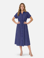 Women's Striped Midi Shirt Dress with Collar and Flared Skirt