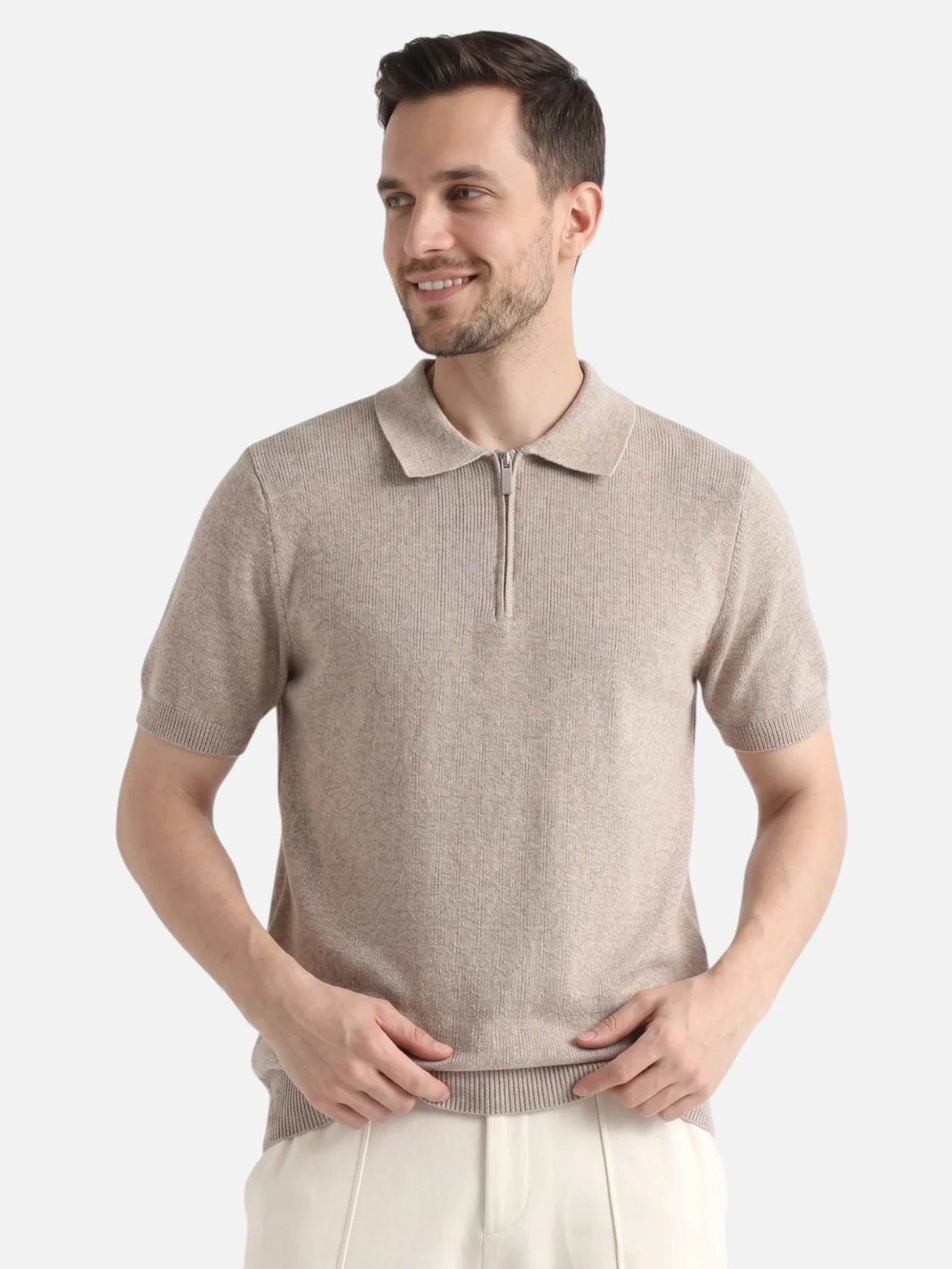 Men's Fine Knit Zip Polo Shirt – Elegant and Modern Style
