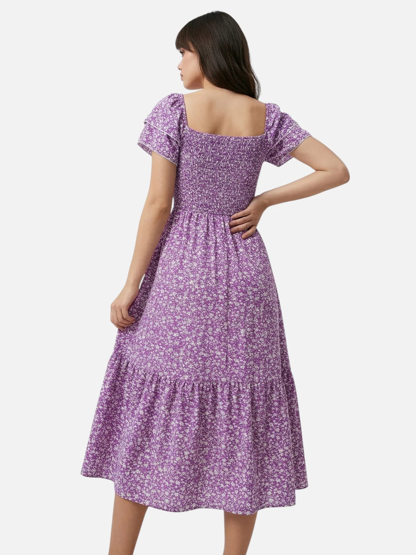 Women’s Floral Midi Dress with Smocked Waist and Ruffle Sleeves