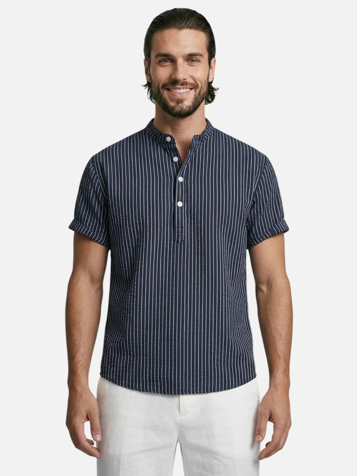 Men’s Striped Short Sleeve Shirt Mandarin Collar Lightweight Summer Shirt