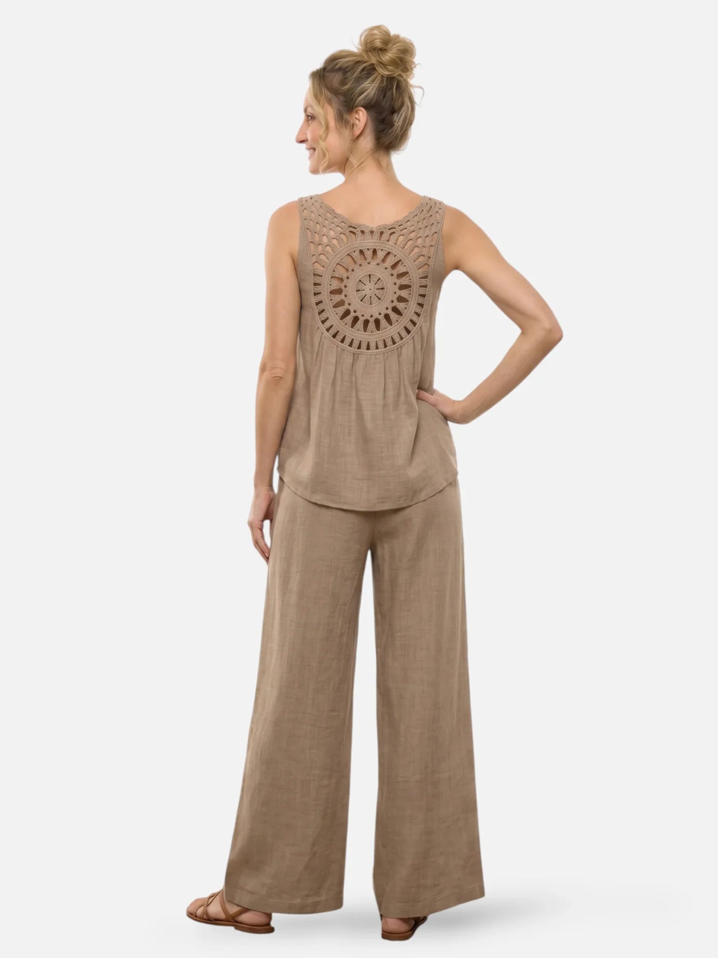 Women's Linen-Look Two-Piece Set with Crochet Back Detail