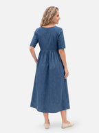Women's Midi Dress with Linen-Look, Short Sleeves and Pockets