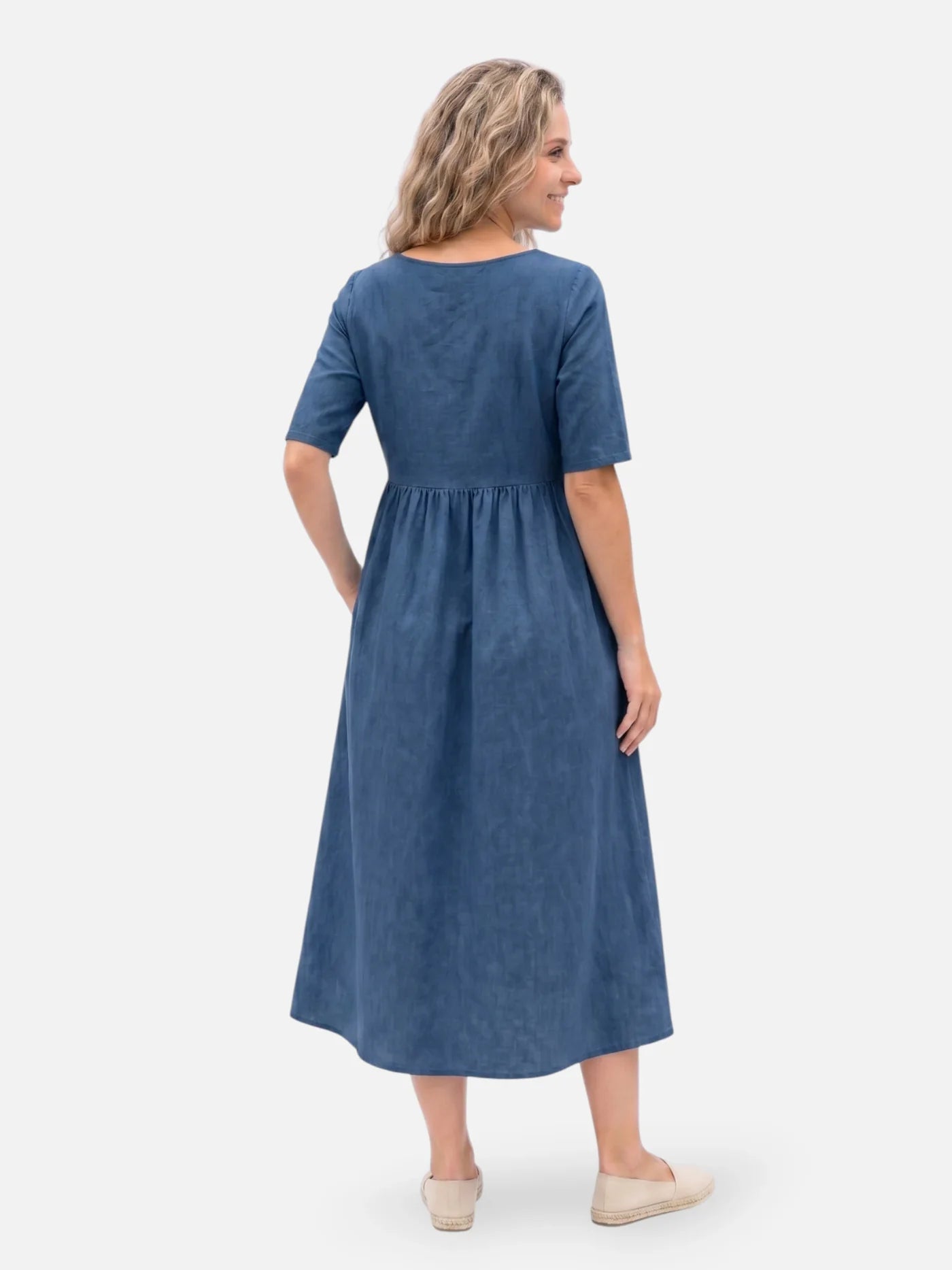 Women's Midi Dress with Linen-Look, Short Sleeves and Pockets