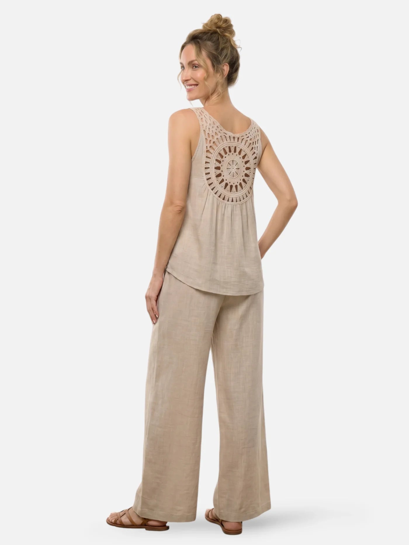 Women's Linen-Look Two-Piece Set with Crochet Back Detail