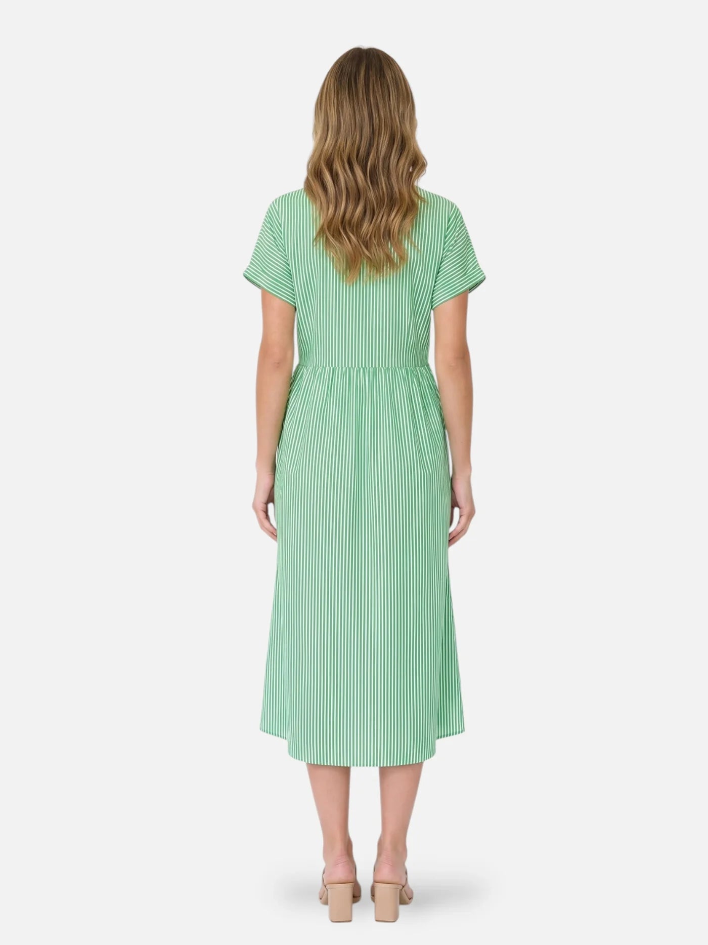 Women's Striped Midi Shirt Dress with Collar and Flared Skirt