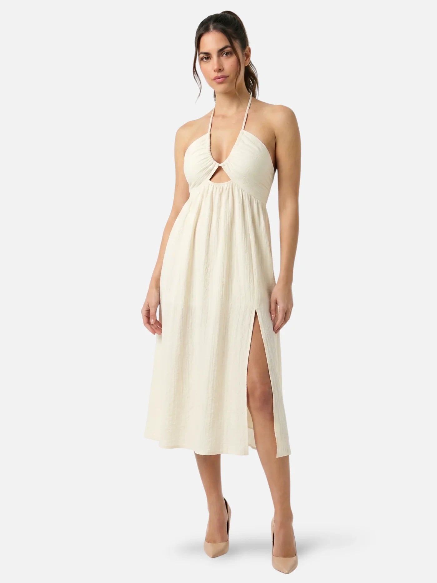 Women's Halter Midi Dress with Open Back and Side Slit