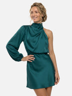 Women's Satin One-Shoulder Mini Dress with Draped Mock Neck