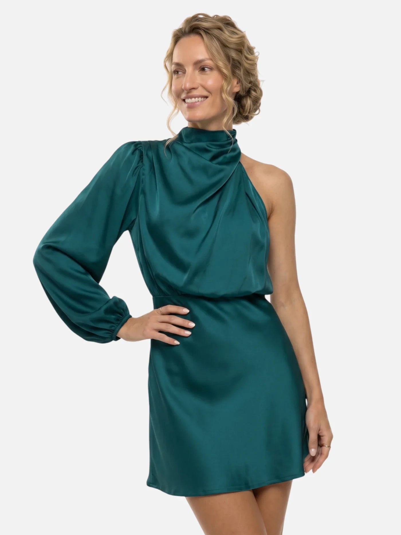 Women's Satin One-Shoulder Mini Dress with Draped Mock Neck