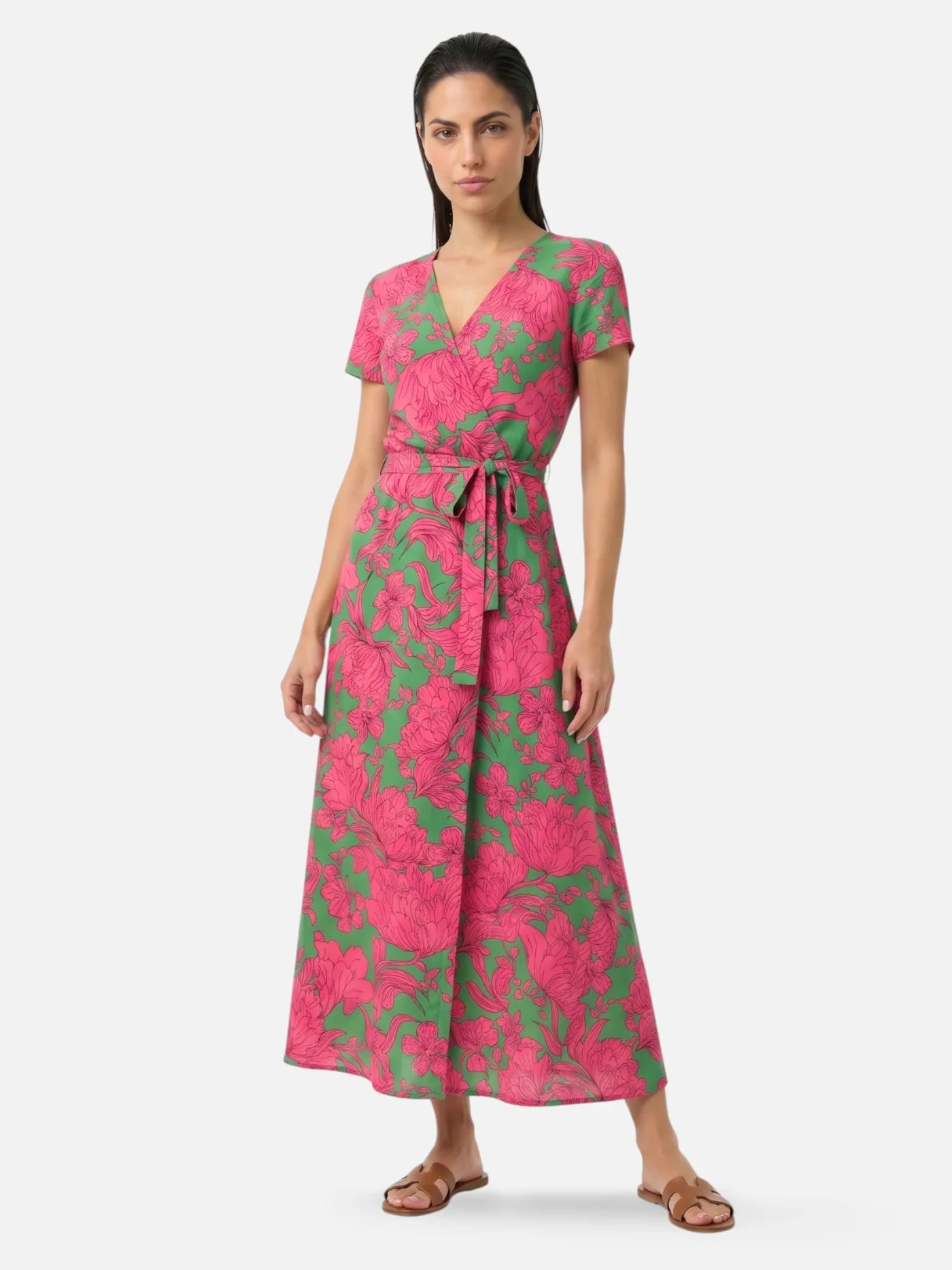 Women's Floral Wrap Maxi Dress with Short Sleeves and Tie Waist