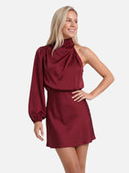 Women's Satin One-Shoulder Mini Dress with Draped Mock Neck