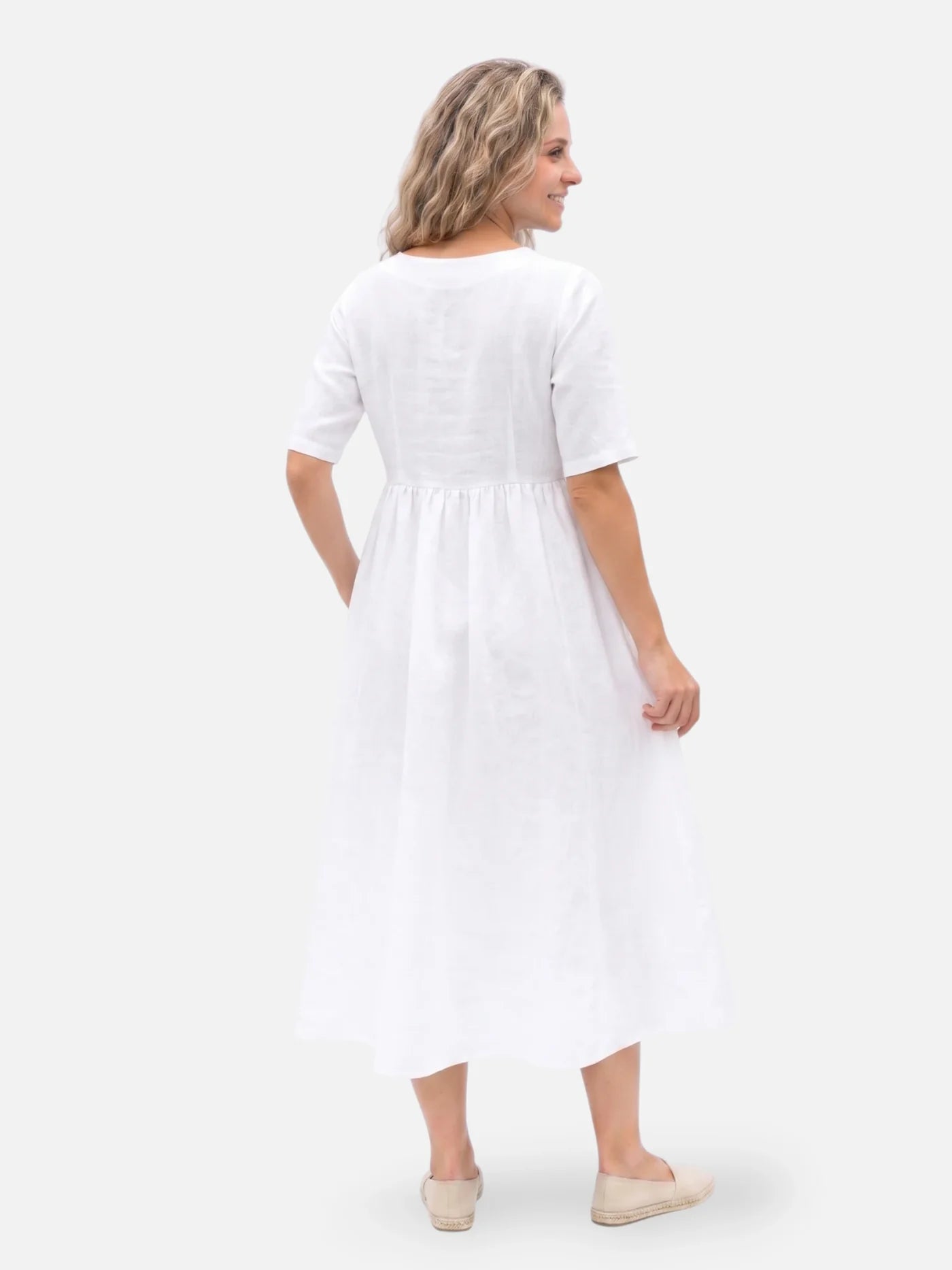 Women's Midi Dress with Linen-Look, Short Sleeves and Pockets