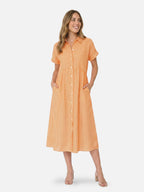 Women's Striped Midi Shirt Dress with Collar and Flared Skirt