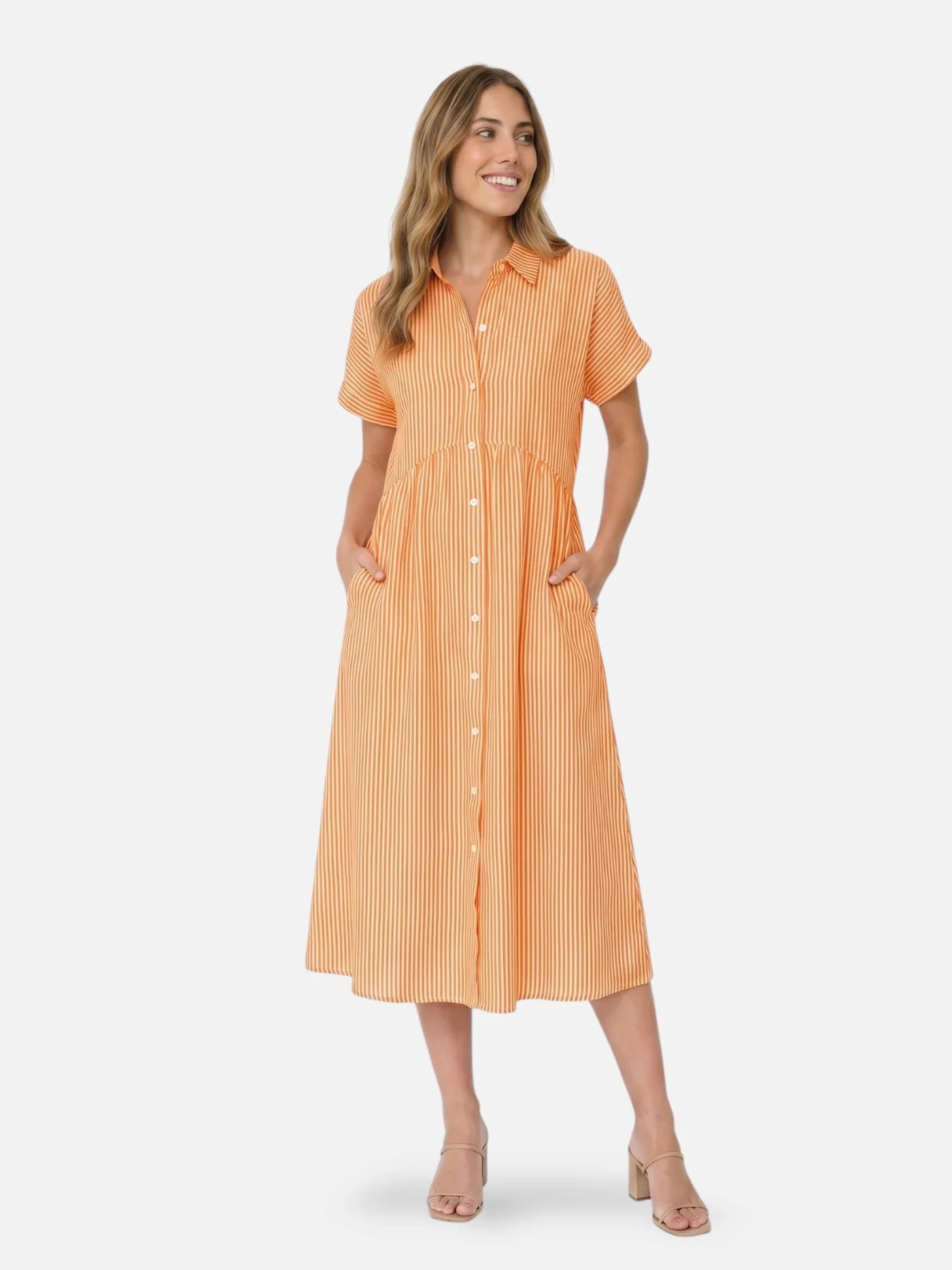 Women's Striped Midi Shirt Dress with Collar and Flared Skirt