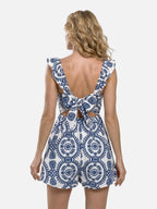 Women's Floral Print Romper with Ruffle Straps and Open Back